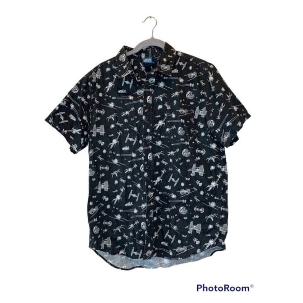 Star Wars Mens Black Space Ship Battle Short Sleeve Button-Down Shirt Size Large